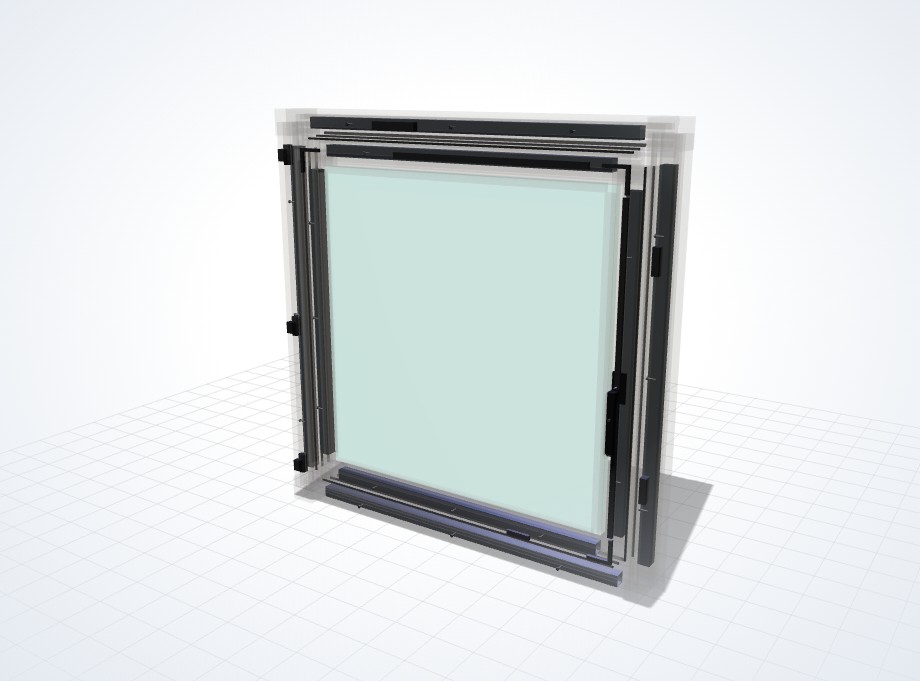 Fenêtre PVC en transparence X-Ray : armature acier et quincaillerie visibles à travers le profil
