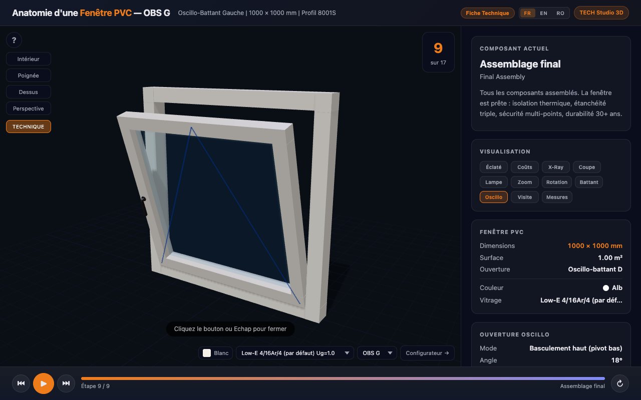 Fenêtre PVC en position oscillante dans le Studio 3D, avec l'angle et la projection d'ouverture